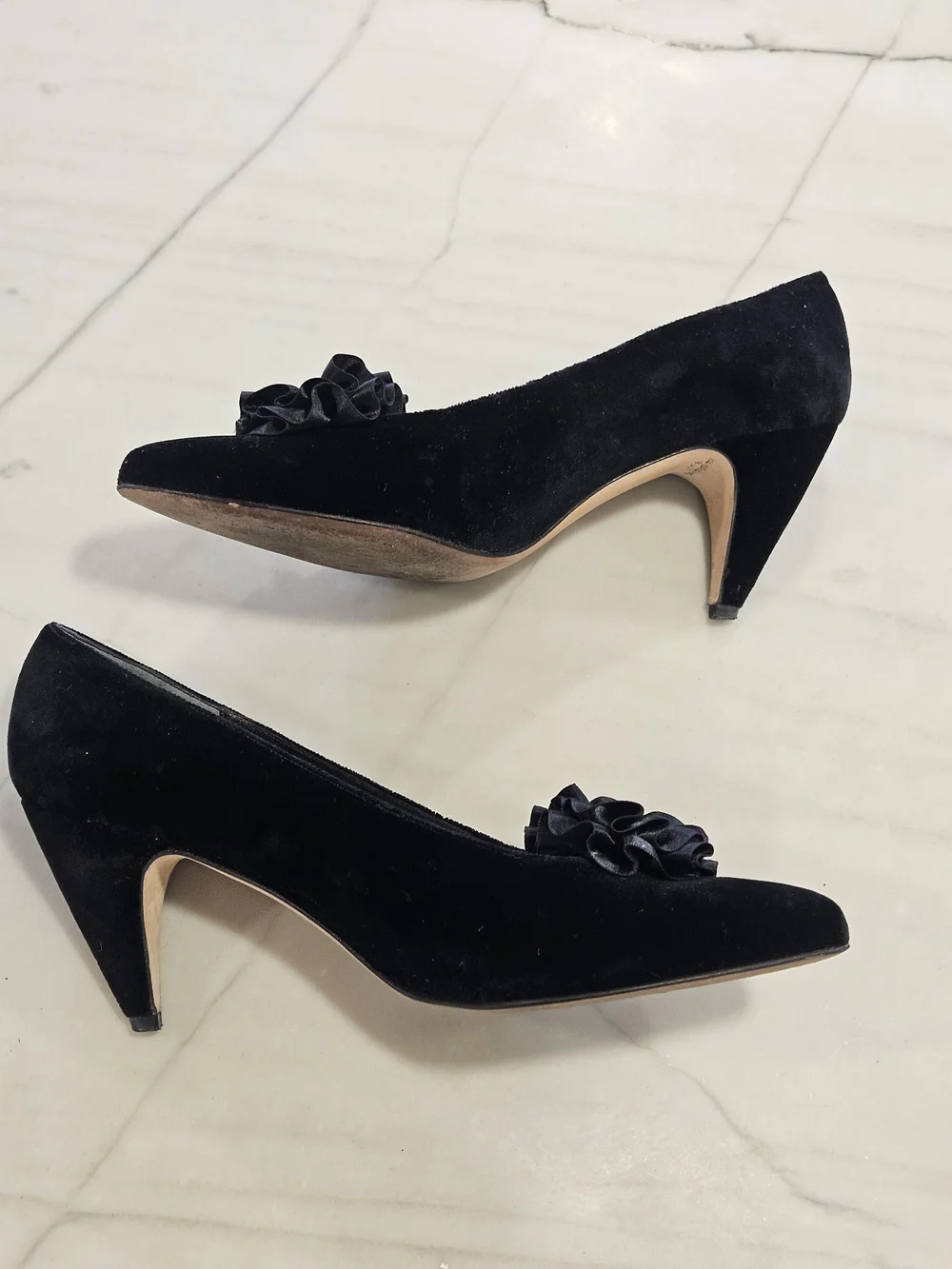 Vintage Evan-Picone Black Velvet Evening Pumps with Crystal Flower Accents